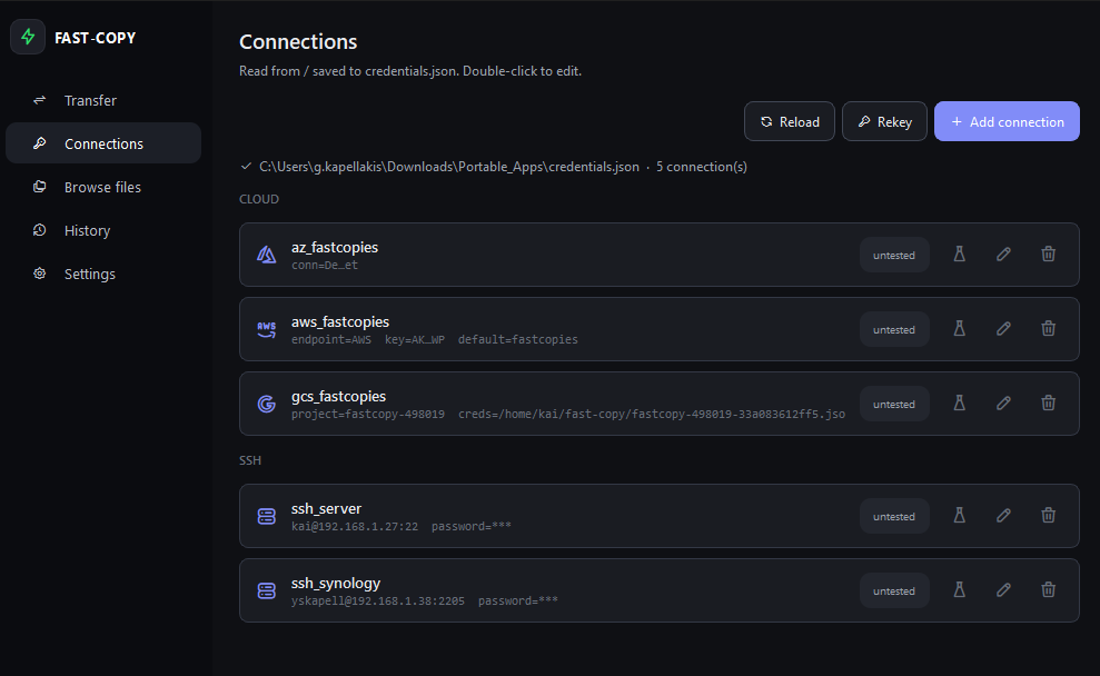 Connections — saved S3 / Azure / GCS / SSH profiles, secrets encrypted
